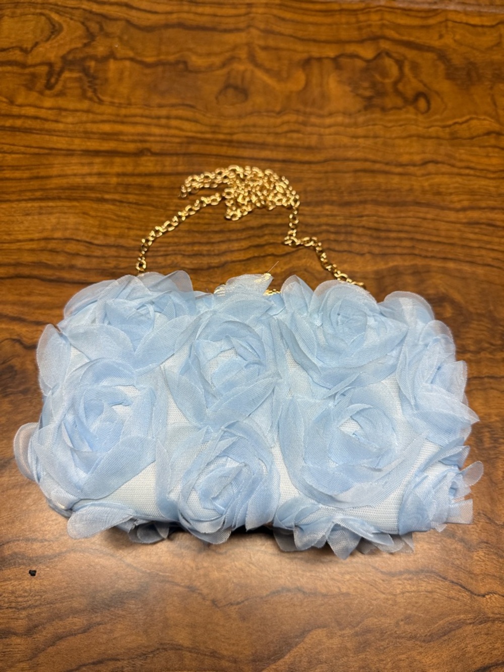 Amazon Light Blue Floral Rosette Clutch with Gold Chain